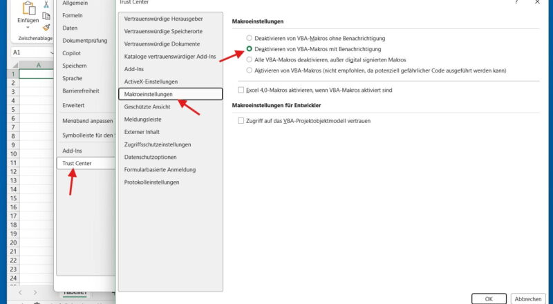 Makros im Excel Trust Center deaktivieren über Sicherheitseinstellungen