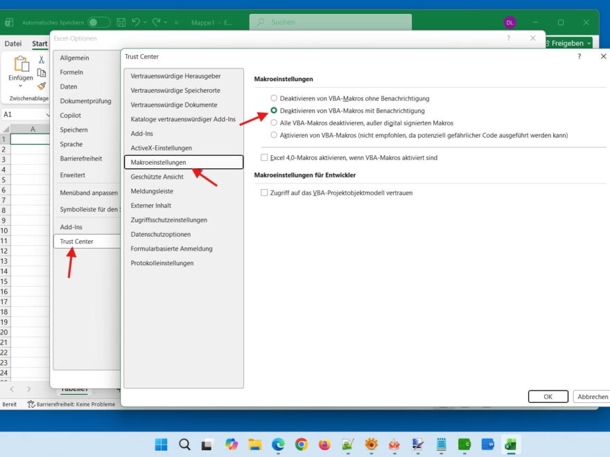 Makros im Excel Trust Center deaktivieren über Sicherheitseinstellungen