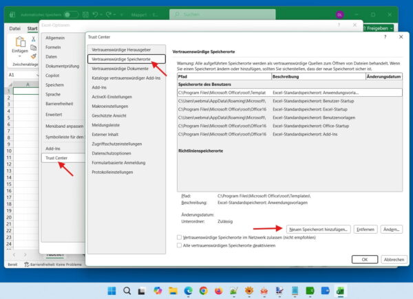Vertrauenswürdige Speicherorte in Excel festlegen für Makros