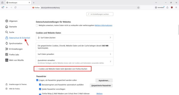 Firefox Cache automatisch löschen in den Datenschutz-Einstellungen konfigurieren