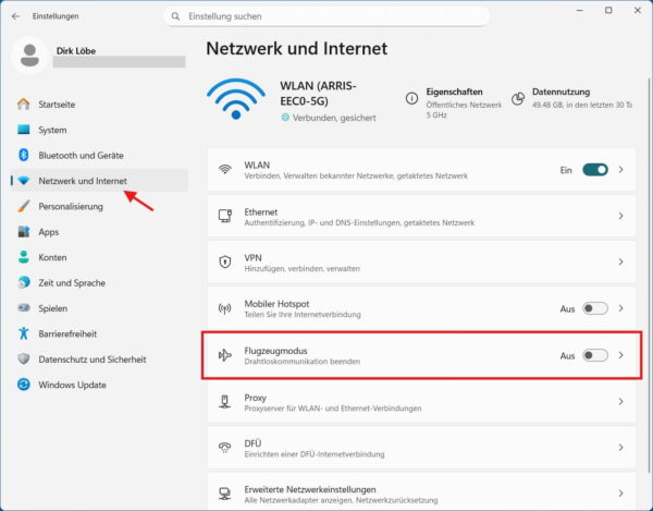Flugmodus in Windows über die Einstellungen ein- oder ausschalten