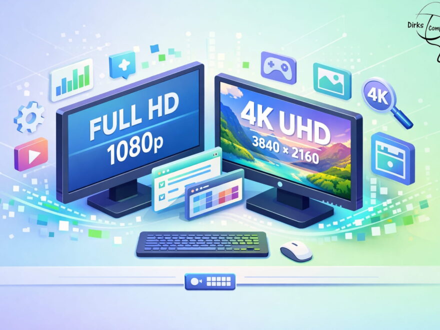 Vergleich von Full HD und 4K UHD Monitor mit Darstellung der unterschiedlichen Auflösungen