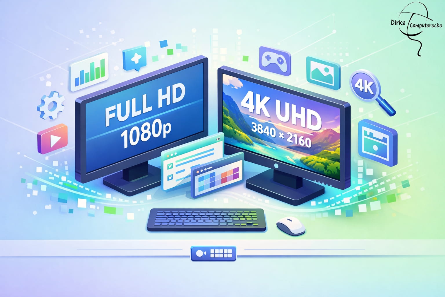 Vergleich von Full HD und 4K UHD Monitor mit Darstellung der unterschiedlichen Auflösungen