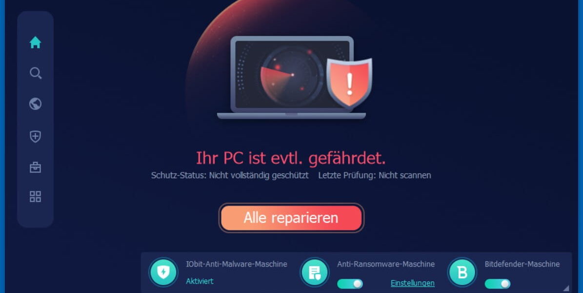 Programmoberfläche von IObit Malware Fighter 13 PRO nach der Installation mit Sicherheitsstatus und Scan-Option