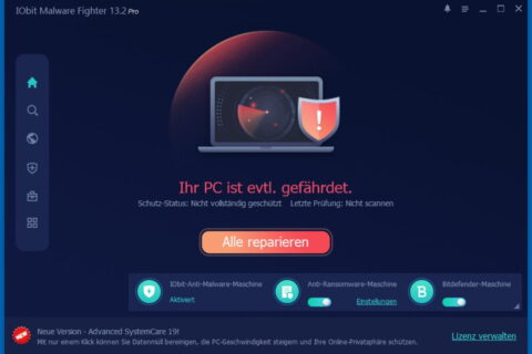 Programmoberfläche von IObit Malware Fighter 13 PRO nach der Installation mit Sicherheitsstatus und Scan-Option