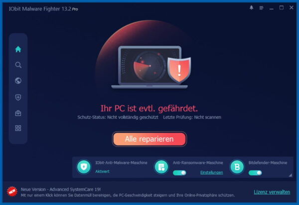 Programmoberfläche von IObit Malware Fighter 13 PRO nach der Installation mit Sicherheitsstatus und Scan-Option