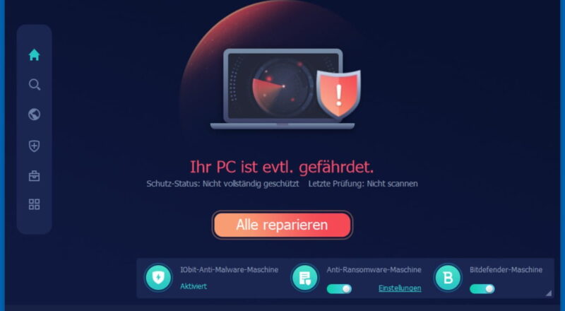 Programmoberfläche von IObit Malware Fighter 13 PRO nach der Installation mit Sicherheitsstatus und Scan-Option