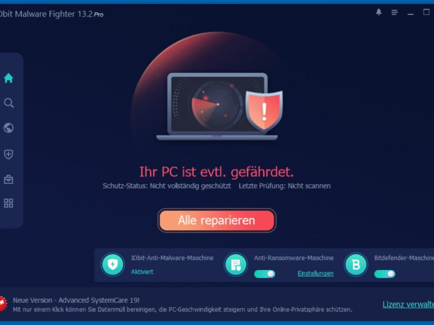 Programmoberfläche von IObit Malware Fighter 13 PRO nach der Installation mit Sicherheitsstatus und Scan-Option