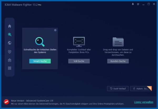 Scan-Auswahl in IObit Malware Fighter 13 PRO mit Smart Scan, Vollscan und benutzerdefinierter Prüfung