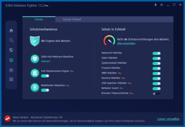 Einstellungen zu Echtzeitschutz und Schutzmodulen in IObit Malware Fighter 13 PRO