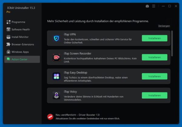 Das Action Center im IObit Uninstaller 15 Pro, welches als Werbefläche für weitere Software-Produkte des Herstellers dient.