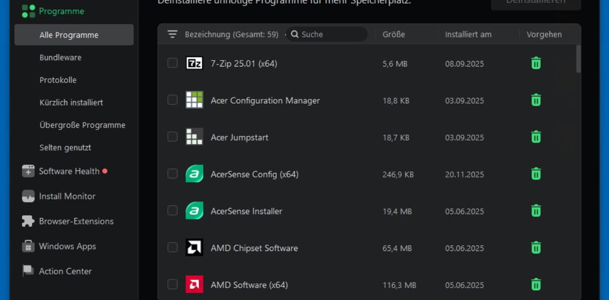 Das Hauptmenü und die Programmübersicht der IObit Uninstaller 15 Pro Benutzeroberfläche.