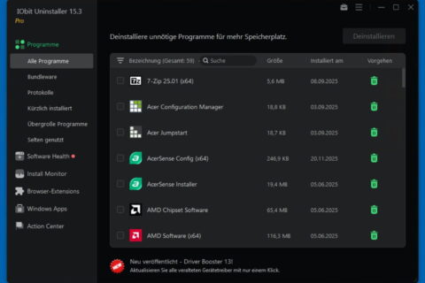 Das Hauptmenü und die Programmübersicht der IObit Uninstaller 15 Pro Benutzeroberfläche.
