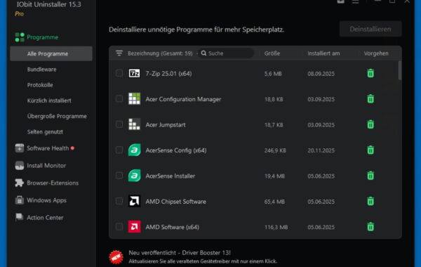 Das Hauptmenü und die Programmübersicht der IObit Uninstaller 15 Pro Benutzeroberfläche.