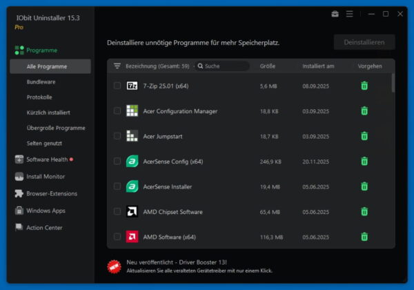 Das Hauptmenü und die Programmübersicht der IObit Uninstaller 15 Pro Benutzeroberfläche.