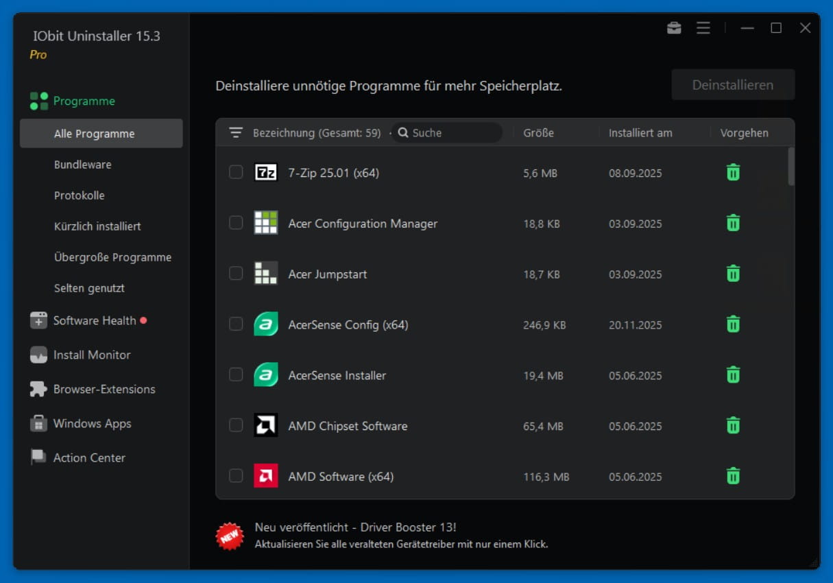 Das Hauptmenü und die Programmübersicht der IObit Uninstaller 15 Pro Benutzeroberfläche.