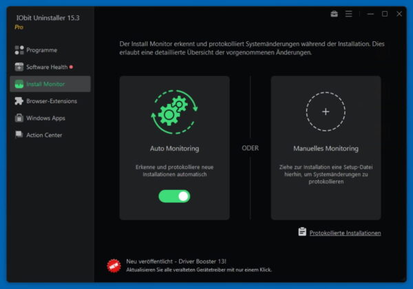 Die aktivierte Install Monitor Funktion im IObit Uninstaller 15 Pro, welche Systemänderungen bei Neuinstallationen protokolliert.