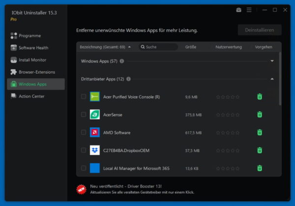Die Ansicht zur Deinstallation von vorinstallierten Windows-Apps und störender Drittanbieter-Software im IObit Uninstaller 15 Pro.