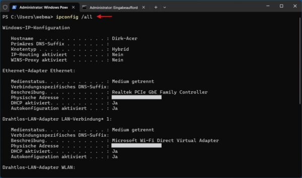 Windows Terminal zeigt Netzwerkdetails mit dem Befehl ipconfig /all