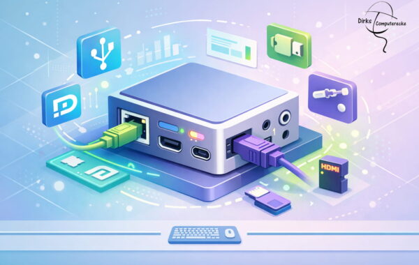 3D-Illustration moderner Kabelanschlüsse am Computer mit USB-, HDMI- und LAN-Ports