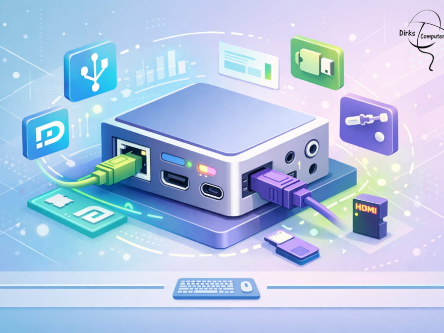 3D-Illustration moderner Kabelanschlüsse am Computer mit USB-, HDMI- und LAN-Ports