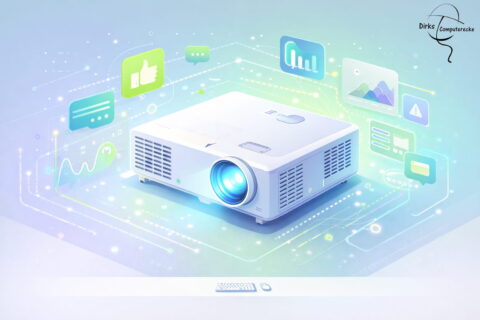 Illustration eines LCD-Beamers mit Symbolen zu Funktion, Vorteilen und Technik