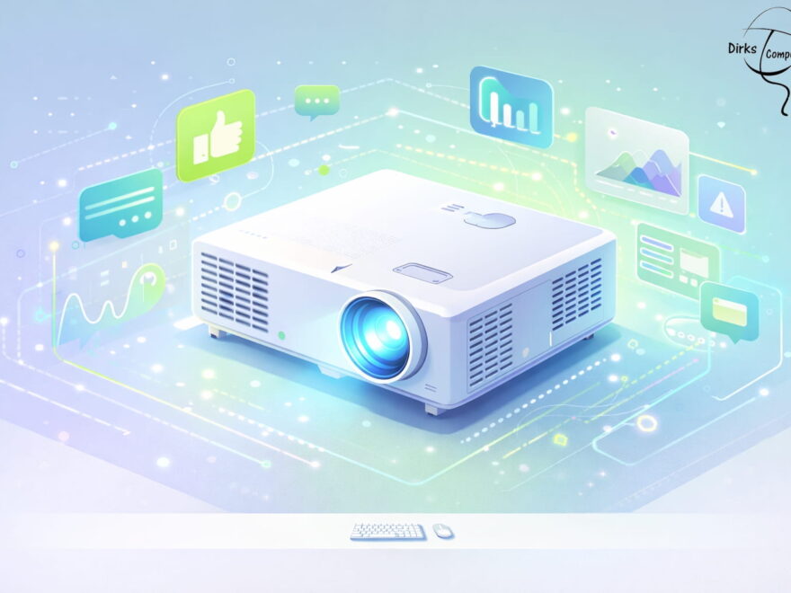 Illustration eines LCD-Beamers mit Symbolen zu Funktion, Vorteilen und Technik