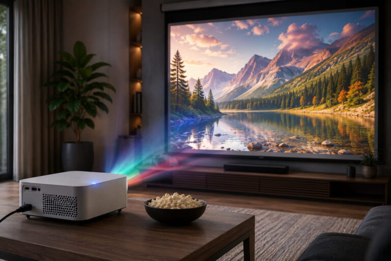 LED-Beamer im Heimkino mit großer Projektion
