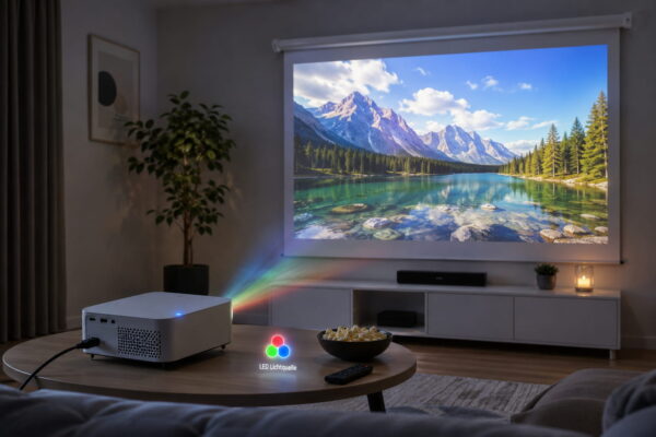 LED-Beamer im Heimkino mit Projektion LED-Beamer projiziert ein Bild im Heimkino