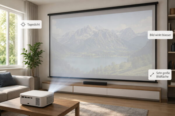 LED-Beamer bei Tageslicht mit blasser Projektion LED-Beamer wirkt bei Tageslicht deutlich blasser