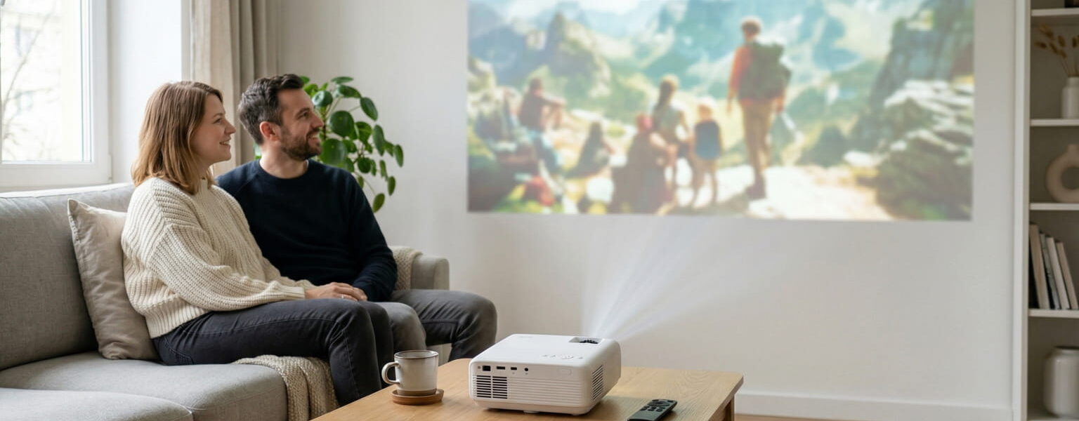 LED-Beamer projiziert Film im Wohnzimmer auf große Leinwand
