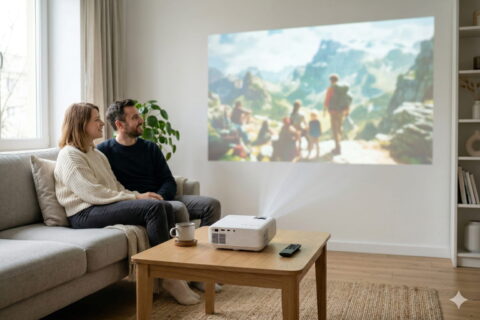 LED-Beamer projiziert Film im Wohnzimmer auf große Leinwand