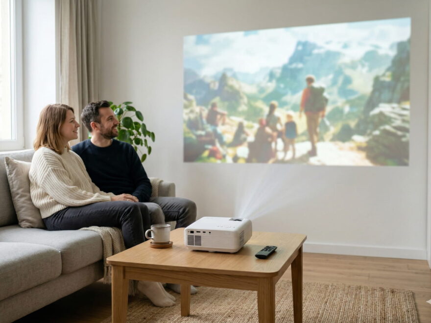 LED-Beamer projiziert Film im Wohnzimmer auf große Leinwand