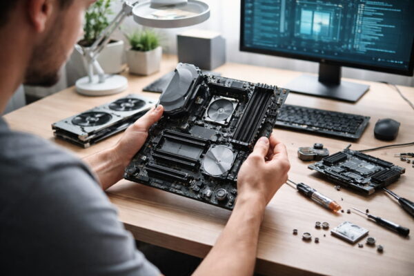 PC-Nutzer prüft ein Mainboard auf Verarbeitung und Ausstattung vor der Kaufentscheidung