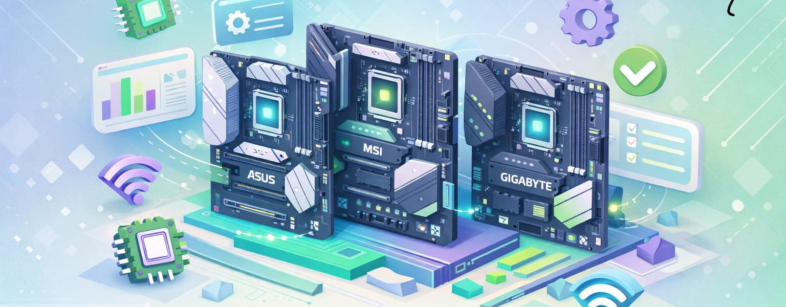 3D Illustration mit mehreren Mainboards verschiedener Mainboard-Hersteller im Vergleich für PC-Planung und Hardware-Auswahl