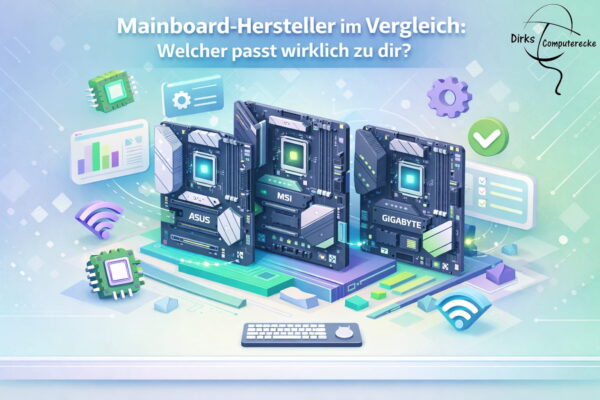 3D Illustration mit mehreren Mainboards verschiedener Mainboard-Hersteller im Vergleich für PC-Planung und Hardware-Auswahl