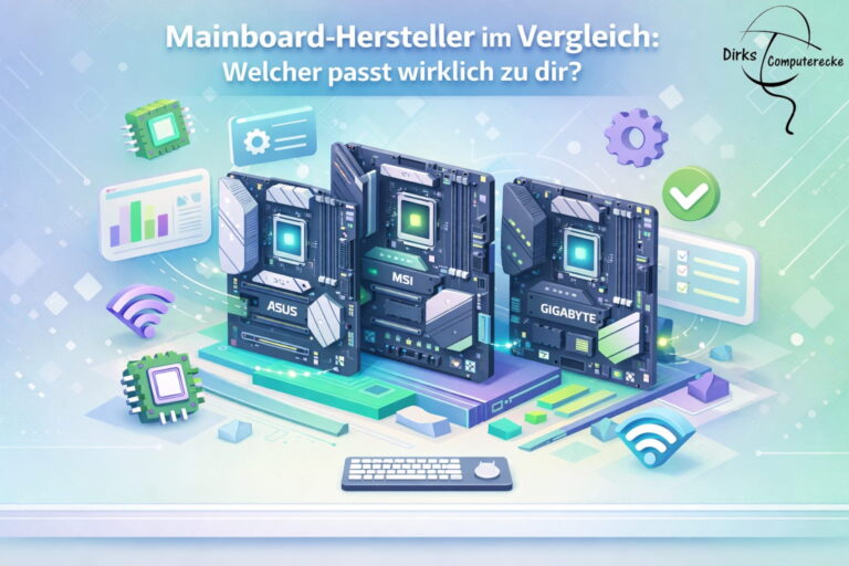 3D Illustration mit mehreren Mainboards verschiedener Mainboard-Hersteller im Vergleich für PC-Planung und Hardware-Auswahl