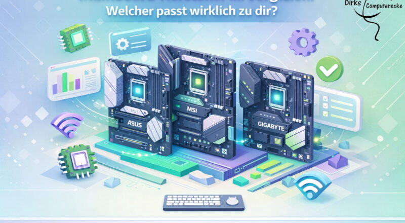 3D Illustration mit mehreren Mainboards verschiedener Mainboard-Hersteller im Vergleich für PC-Planung und Hardware-Auswahl