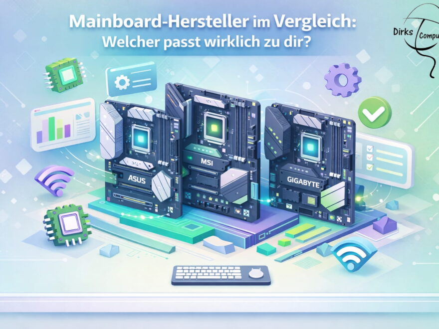 3D Illustration mit mehreren Mainboards verschiedener Mainboard-Hersteller im Vergleich für PC-Planung und Hardware-Auswahl