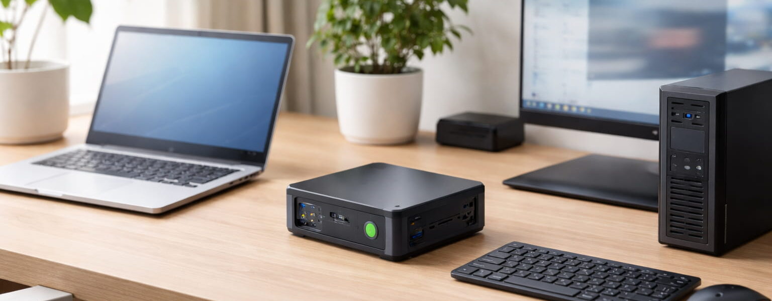 Mini-PC im Vergleich zu Laptop und Desktop-PC auf einem Schreibtisch