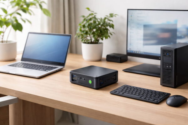 Unterschied zwischen Mini-PC, Laptop und Desktop-PC im Alltag Mini-PC im Vergleich zu Laptop und Desktop-PC auf einem Schreibtisch