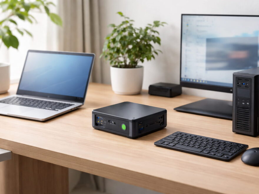 Mini-PC im Vergleich zu Laptop und Desktop-PC auf einem Schreibtisch