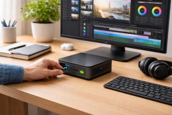 Leistung und Ausstattung eines Mini-PC im Alltag Moderner Mini-PC im Einsatz mit Monitor und Zubehör am Arbeitsplatz