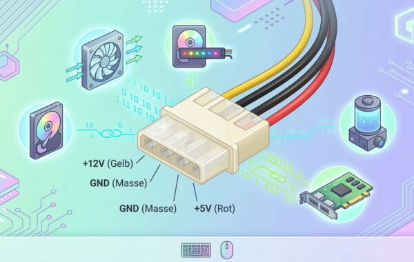 Isometrische Illustration eines Molex-Steckers mit farbiger Pin-Belegung und typischen Einsatzsymbolen im PC