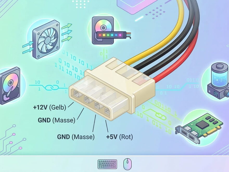 Isometrische Illustration eines Molex-Steckers mit farbiger Pin-Belegung und typischen Einsatzsymbolen im PC