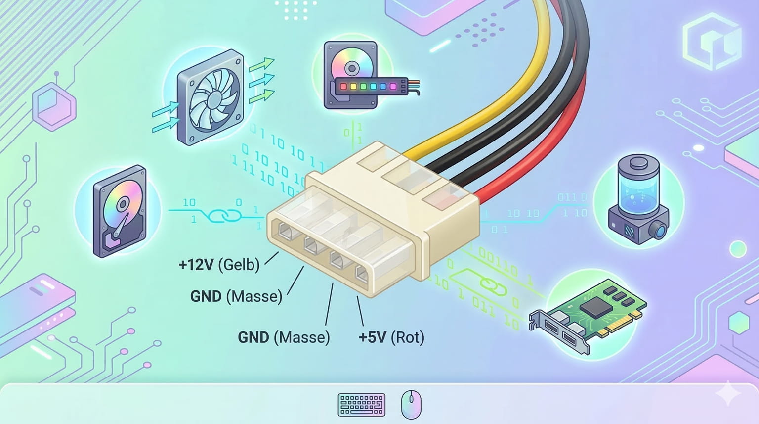 Isometrische Illustration eines Molex-Steckers mit farbiger Pin-Belegung und typischen Einsatzsymbolen im PC