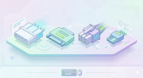 Illustration mit Molex-, SATA-, PCIe- und PWM-Stromanschlüssen im direkten Vergleich