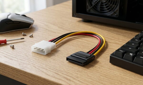Molex-zu-SATA Stromadapter mit farbigen Kabeln auf einem Schreibtisch neben PC-Zubehör