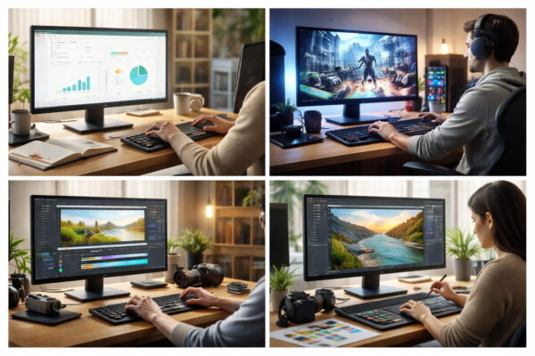 Typische Einsatzbereiche eines Monitors im Alltag Monitor im Einsatz für Office, Gaming sowie Bild- und Videobearbeitung in moderner Arbeitsplatzumgebung