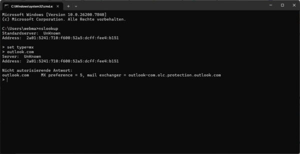 Abfrage eines MX-Records mit nslookup in der Windows Eingabeaufforderung für outlook.com